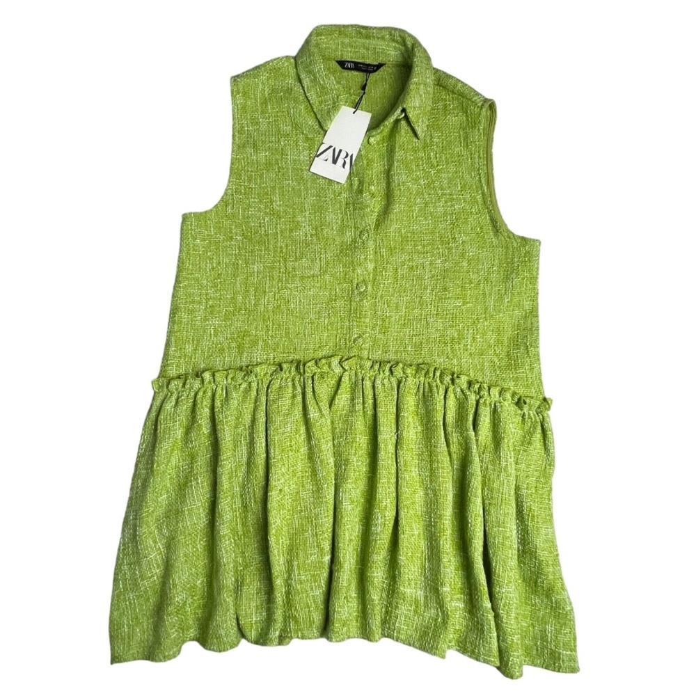 Zara Dress Womens Medium Green Tweed Boucle Sleeveless Ruffle Bottom Button New